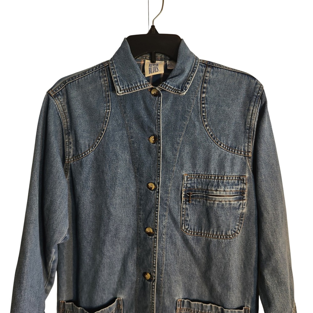 New England Fisherman Core Denim Chore Jacket Small Plaid Lined Women Vintage